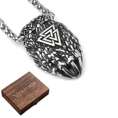 Mens Viking Wolf Paw Necklace Vintage Handcrafted Engraved Valknut Symbol Pendant,Gothic Pagan Amulet Norse Viking Jewelry Gifts,Viking Necklace,20"