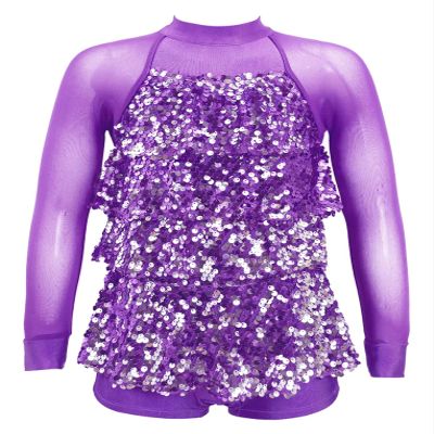 Oyolan Kids Girls Shiny Sequined Halter Neck Tiered Tassel Ballet Dance Dress Unitard Stage Performance Dancewear Purple B 8 Years
