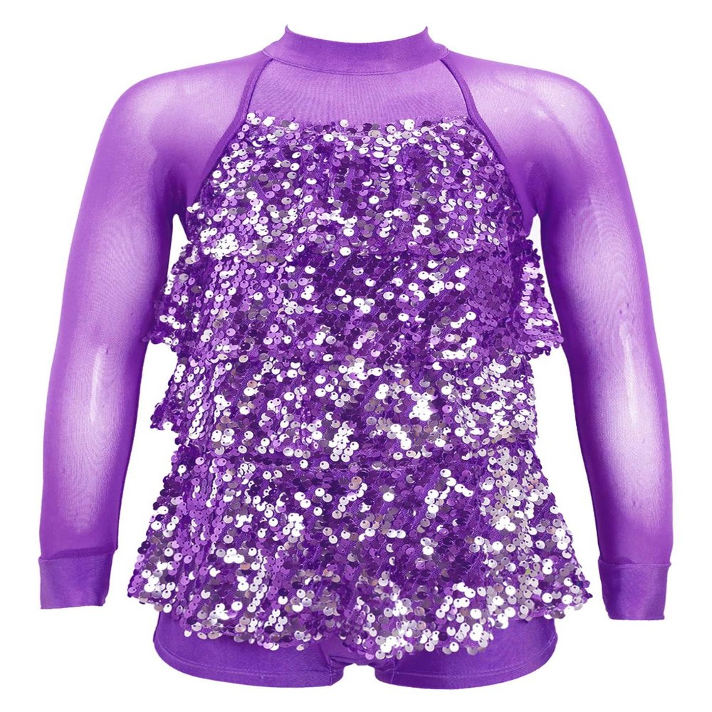 Oyolan Kids Girls Shiny Sequined Halter Neck Tiered Tassel Ballet Dance Dress Unitard Stage Performance Dancewear Purple B 8 Years