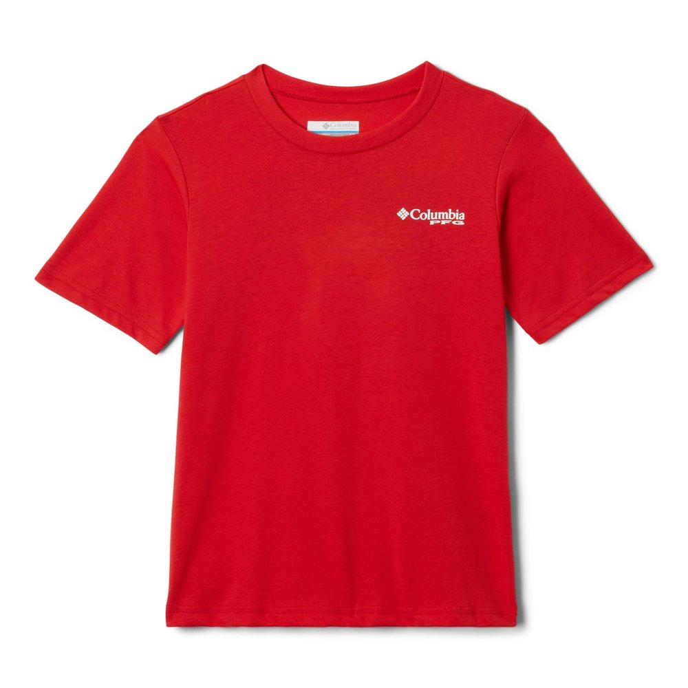 Columbia Youth PFG Short Sleeve Graphic Tee, Red Spark/Fish Flag Fade Graphic, Medium