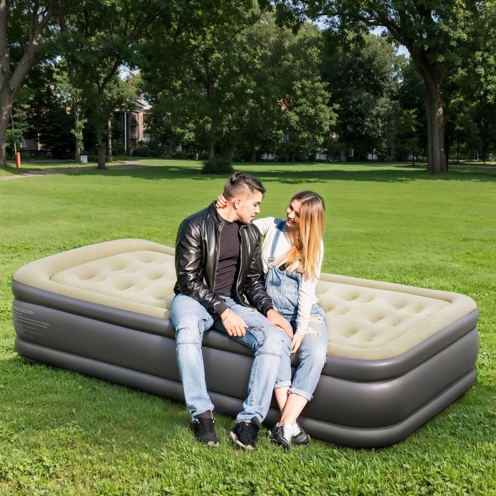 LET'S CAMP Air Mattress Camping Airbed with Electric Pump 19" Twin Inflatable 2 Minutes Quick Self-Inflation Waterproof PVC Fabric Portable for Camping,Travel, Home Sleeping, Outdoor, Guests, RV