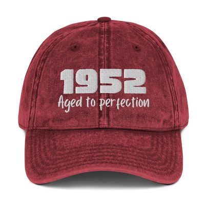 1952 Aged to Perfection 70th Birthday Hat Giftable Vintage Cotton Twill Cap Maroon