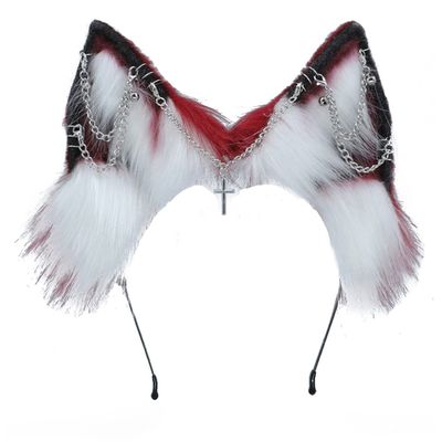VIGVAN Handmade Wolf Fox Ears Animal Cosplay Cute Head Accessories for Halloween (Chain Red White)