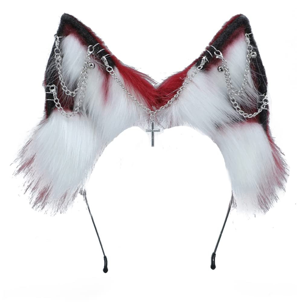 VIGVAN Handmade Wolf Fox Ears Animal Cosplay Cute Head Accessories for Halloween (Chain Red White)