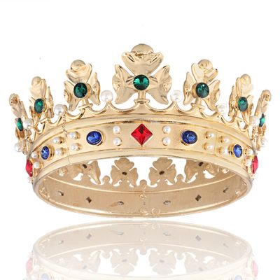 LEEMASING Baroque Royal Crown Men's Metal Prince Hair Crown Full Circle Hair Accessories For Cosplay Prom (Gold With Green Stone)