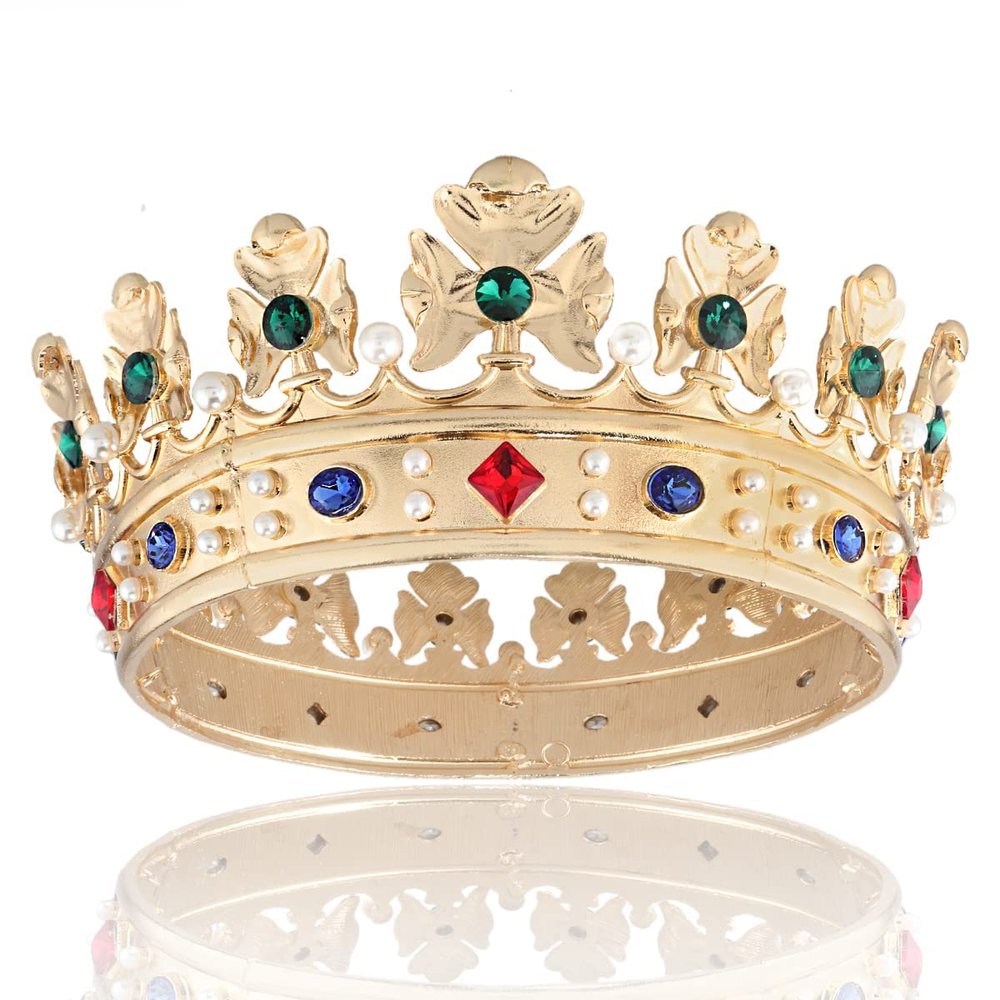 LEEMASING Baroque Royal Crown Men's Metal Prince Hair Crown Full Circle Hair Accessories For Cosplay Prom (Gold With Green Stone)