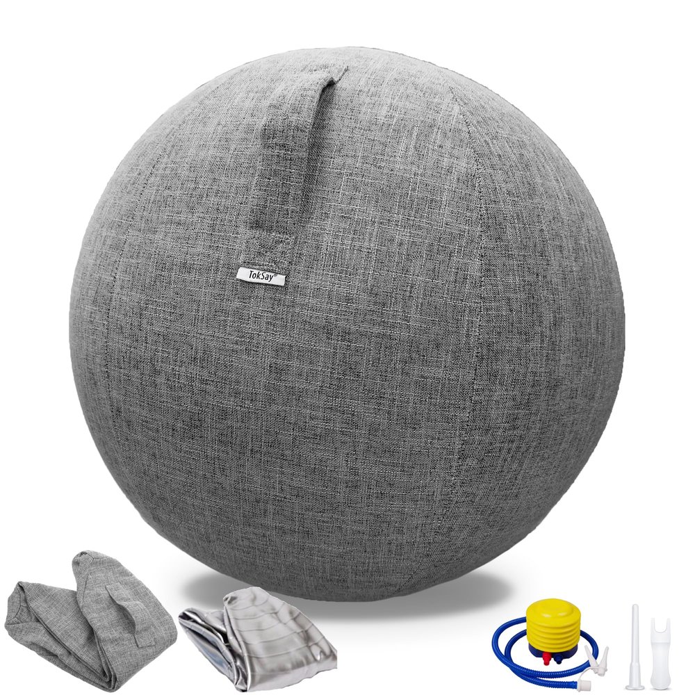 TokSay Exercise Ball Chair for Home Office - 25IN Yoga Ball with Leathaire Cover - Anti-Burst Stability Ball for Pregnancy, Balance & Active Sitting - Pump Included (Gray)