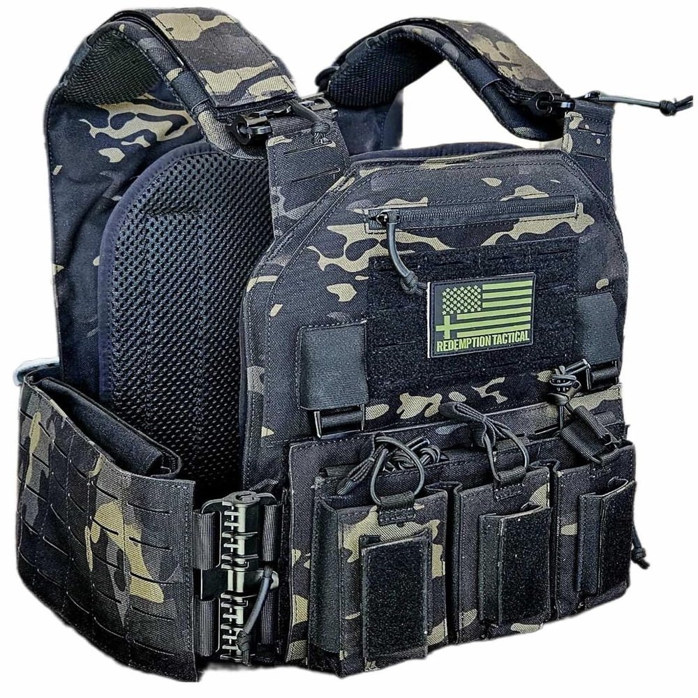 Redemption Crusader 2.0 Laser Cut Molle Quick Release Buckles Hunting Airsoft Vest with Side Cummerbund and Triple Pouch (Black Multicam)
