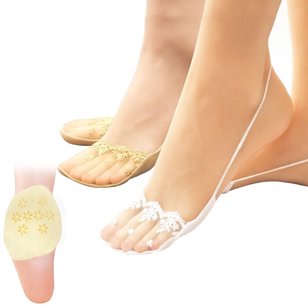 Daisy and Bella 4 Pairs Non-Slip Breathable Lace No Show Socks, Toe Topper Half Socks, Low Cut Liner Slingback Socks. (2 Nude + 2 White)