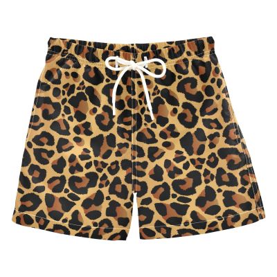 Aflyko Boys' Board Shorts Leopard Brown Black Bathing Suit Kid Swim Trunk Girls Beach Swimwear