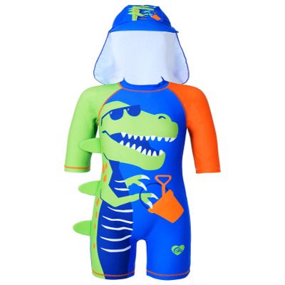 Freebily Kids Boys Cartoon Shark Dinosaur Print Bathing Suit Swimming Surfing Jumpsuit with Cap Set Blue&Green 6-7 Years