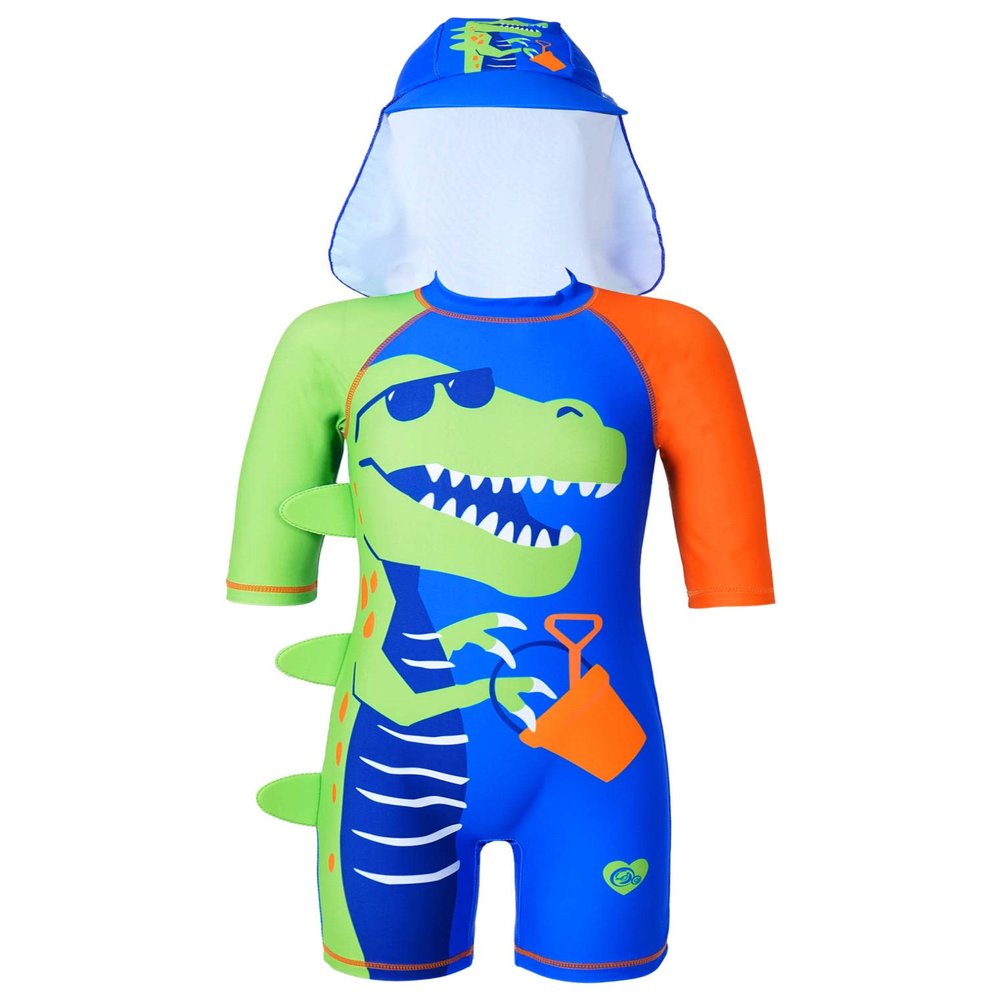 Freebily Kids Boys Cartoon Shark Dinosaur Print Bathing Suit Swimming Surfing Jumpsuit with Cap Set Blue&Green 6-7 Years