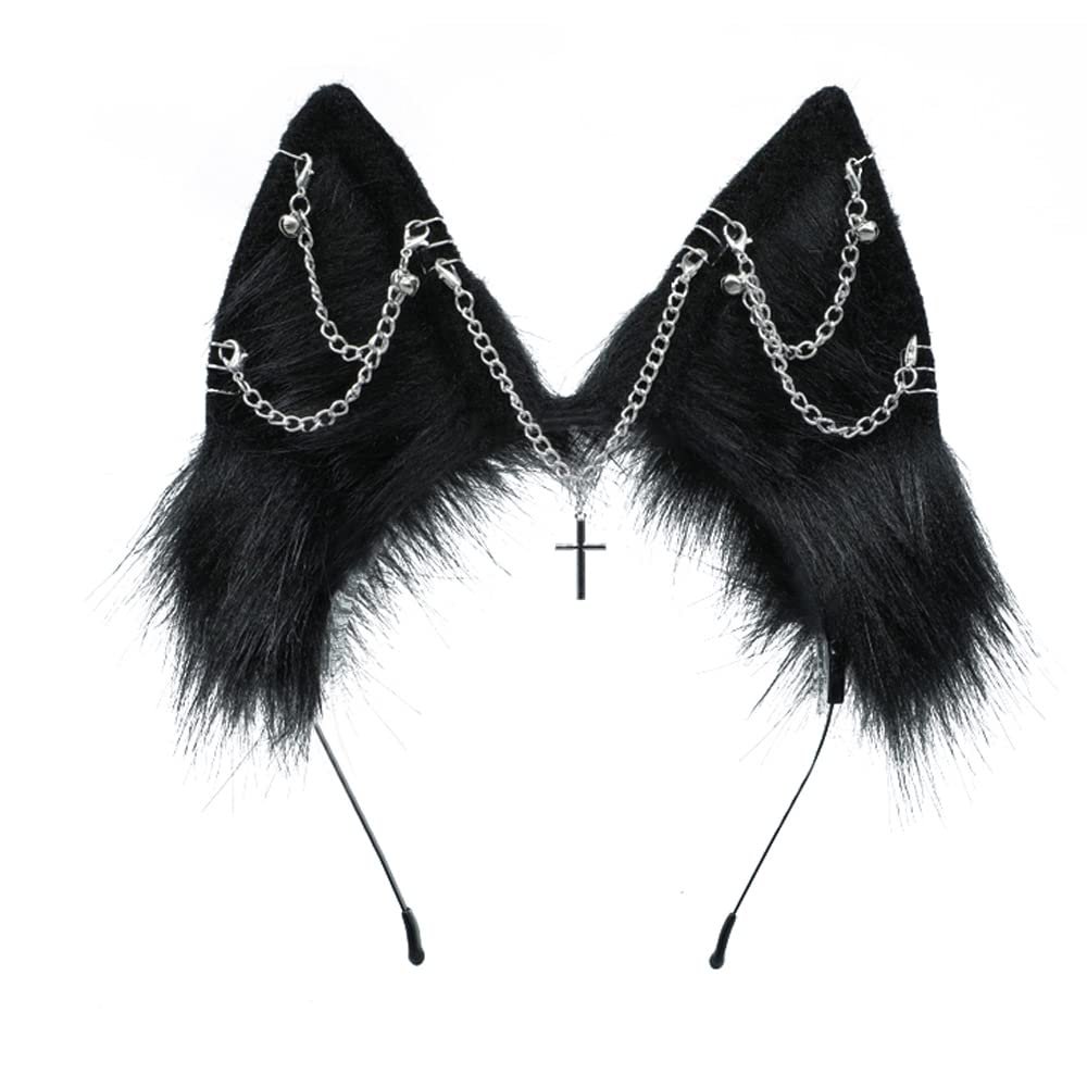 VIGVAN Handmade Wolf Fox Ears Animal Cosplay Cute Head Accessories for Halloween (Chain Black)