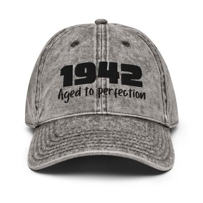 1942 Aged to Perfection 80th Birthday Hat Giftable Vintage Cotton Twill Cap Charcoal Grey