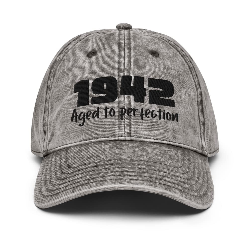1942 Aged to Perfection 80th Birthday Hat Giftable Vintage Cotton Twill Cap Charcoal Grey