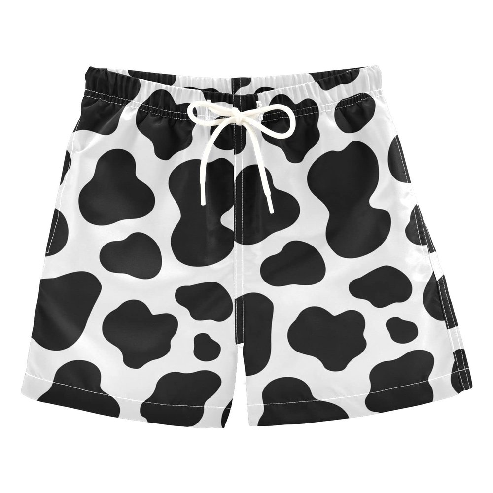 Aflyko Boys' Board Shorts Cow Print Black White Swim Trunk Beach Swimwear XS