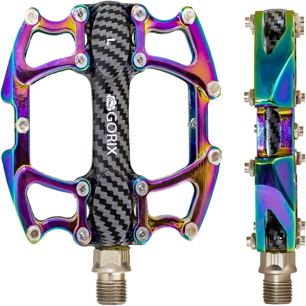 GORIX Bike Flat Pedals Wide CNC Lightweight with Non-Slip Pin Spike Oil Slick Road Mountain MTB Bicycle (GX-Fi777)