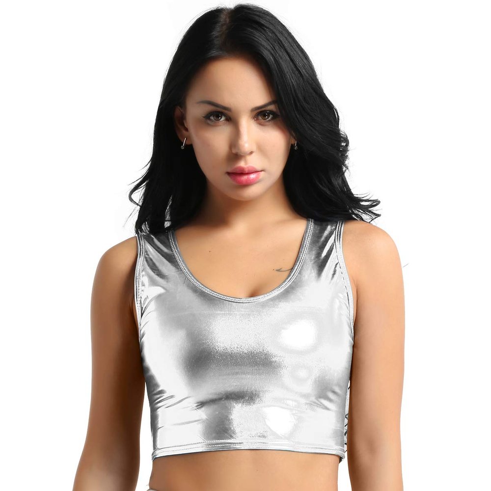 Moggemol Women's Shiny Metallic Sleeveless Crop Tops Party Rave Dance Tank Shirt Clubwear Dancewear Silver One Size