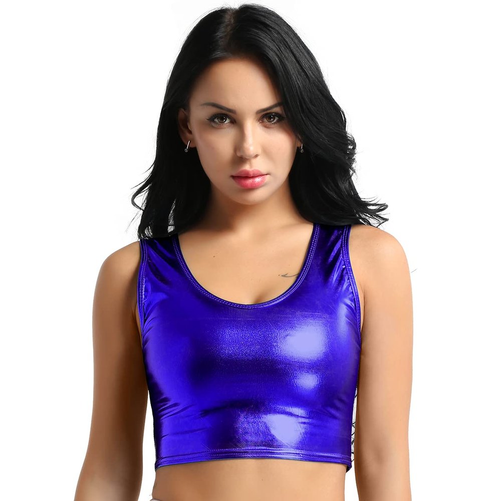 Moggemol Women's Shiny Metallic Sleeveless Crop Tops Party Rave Dance Tank Shirt Clubwear Dancewear Blue One Size