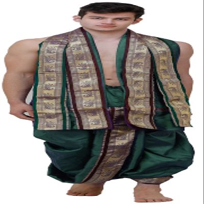 Ready to Wear Dhoti and Angavastram Set with Meenakari Woven Golden Border - Art Silk - Color Bottle Green