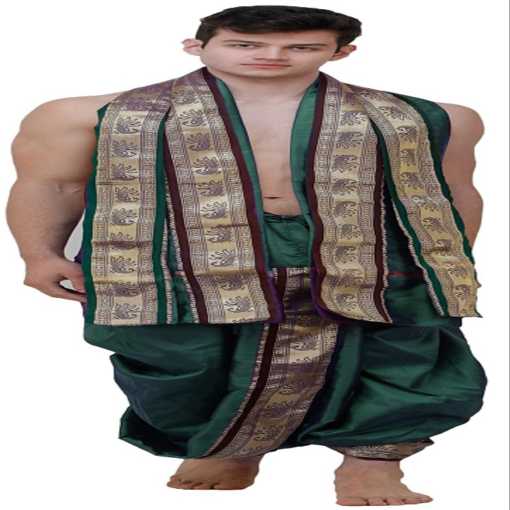 Ready to Wear Dhoti and Angavastram Set with Meenakari Woven Golden Border - Art Silk - Color Bottle Green