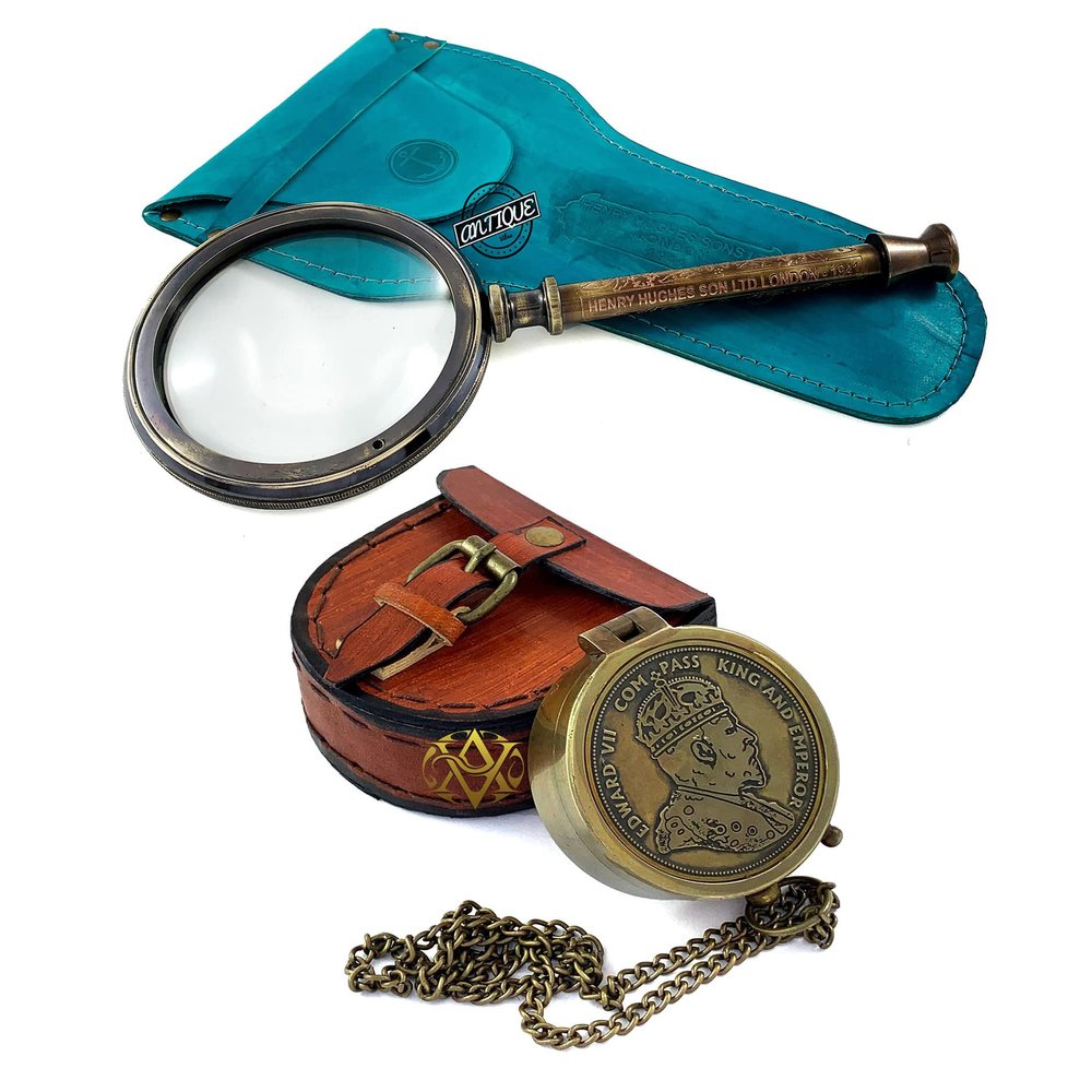 Henry Hughes Antique Brass Magnifying Glass Leather Case & Engraved Nautical Chain Compass w/Leather Case