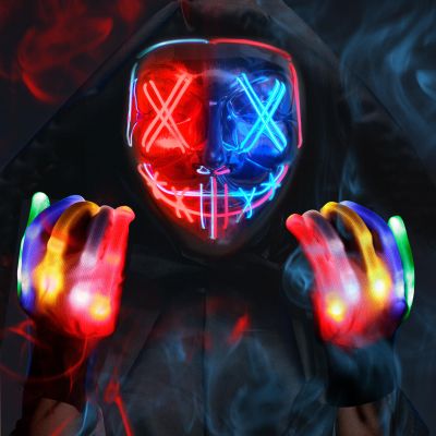 Max Fun Halloween Mask Glowing Gloves for Halloween Costume Cosplay Led Light Up Scary Masks with 3 Lighting Modes Cosplay Lighted Face Masks for Halloween Parties Masquerade Party (Red & Blue)