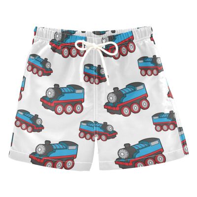 Aflyko Boys' Board Shorts Blue Red Cute Train Swim Trunk Beach Swimwear 4T