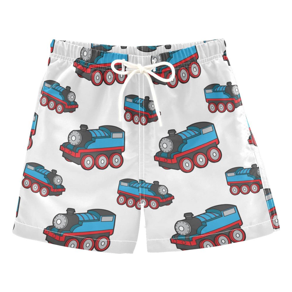Aflyko Boys' Board Shorts Blue Red Cute Train Swim Trunk Beach Swimwear 4T