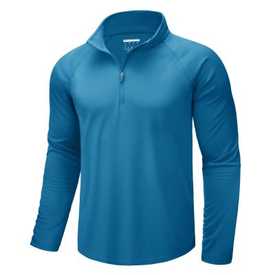 CRYSULLY Running Shirts for Men Hiking Sun Shirt Man Tees Pullover Fishing Lightweight Breathable Tops Blue Green L