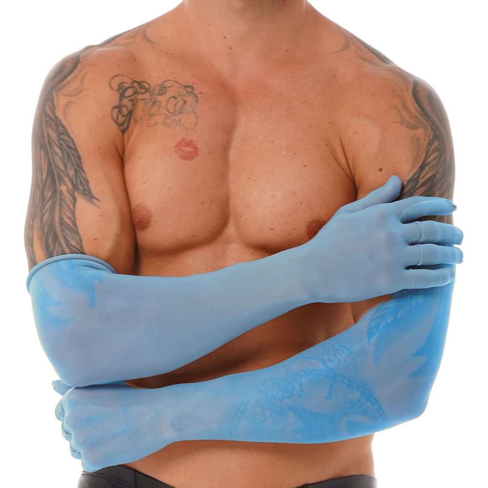 Hedmy Men's Semi Sheer Glossy Long Tulle Gloves Elbow Length Opera Party Armsleeve Arthritis Gloves Blue One Size