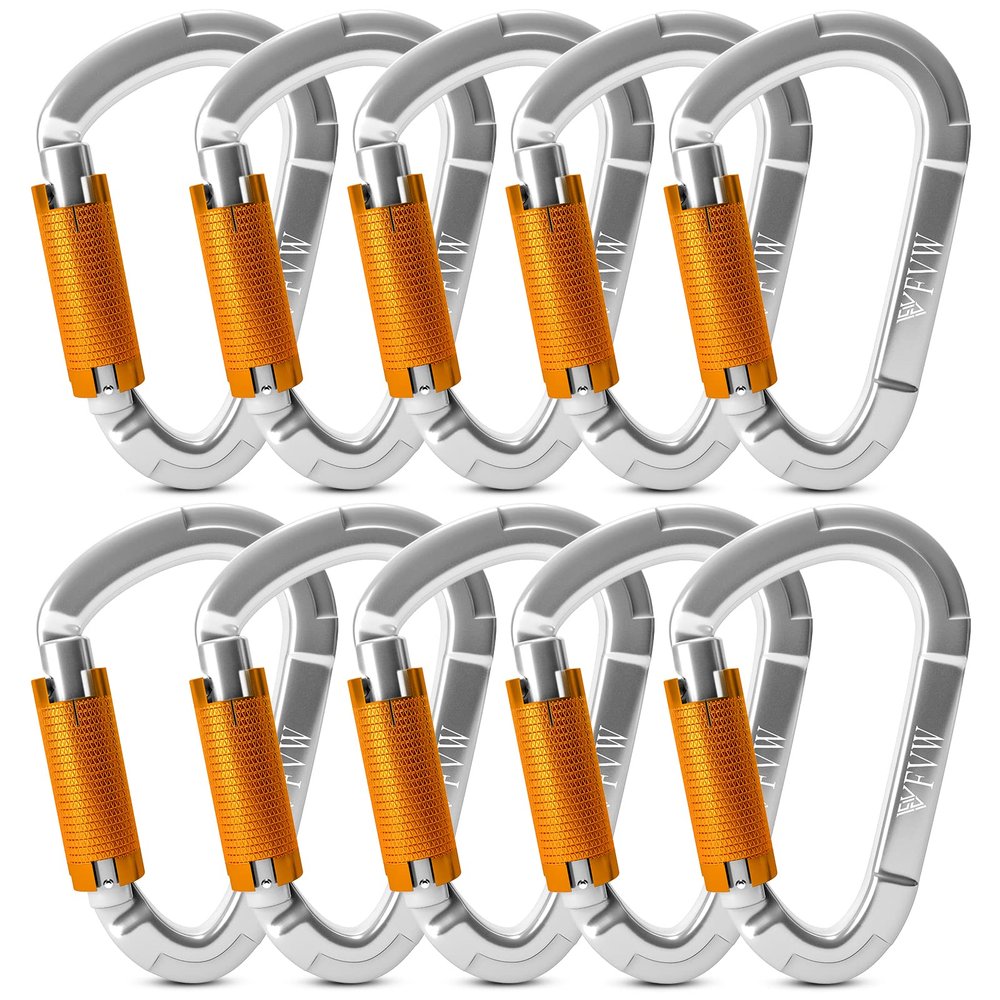 FVW 10 Pack Heavy Duty Climbing Carabiners, 25KN UIAA Certified Auto Locking Rock Climbing Carabiners Clips for Hammocks, Swing, Locking Dog Leash and Harness, Camping, Hiking & Utility (Silver)