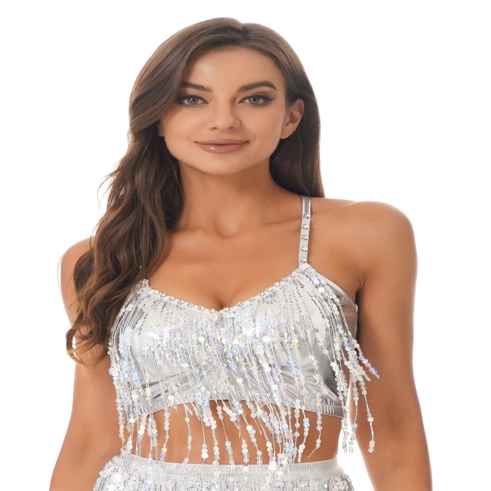 CHICTRY Women's Belly Dance Costume Sequin Shiny Bra Tassel Top Chacha Tango Dancewear Camisole Tops Silver X-Large