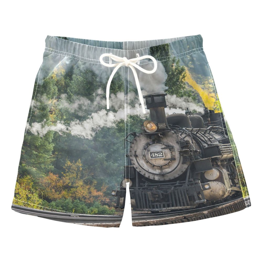 Aflyko Boys' Board Shorts Steam Train Mountain Swim Trunk Beach Swimwear S