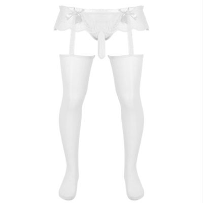 Sxiwei Men Sissy Lace Ruffled Pouch Panties Skirted Thong Underwear Pantyhose Stocking Crossdress Lingerie Type D One Size