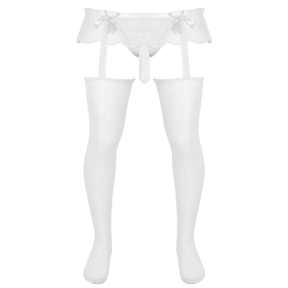 Sxiwei Men Sissy Lace Ruffled Pouch Panties Skirted Thong Underwear Pantyhose Stocking Crossdress Lingerie Type D One Size