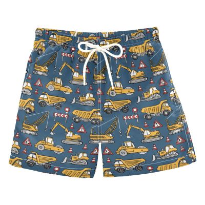 Aflyko Boys' Board Shorts Construction Truck Building Swim Trunk Beach Swimwear 4T