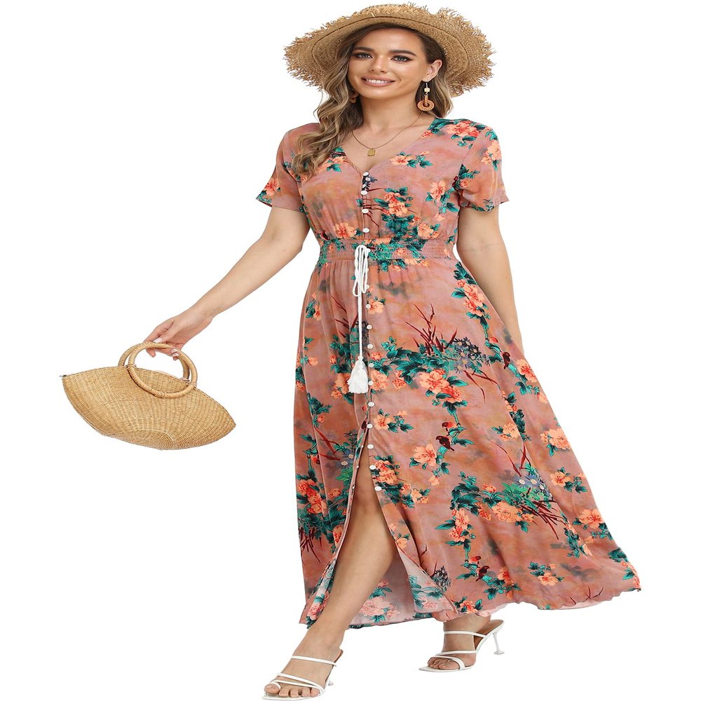 1stvital Women's Floral Maxi Dresses Boho Summer Beach Dress Short Sleeve Button Up Split Party Dress, Orange Flower XXL