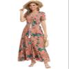 1stvital Women's Floral Maxi Dresses Boho Summer Beach Dress Short Sleeve Button Up Split Party Dress, Orange Flower XXL view 3
