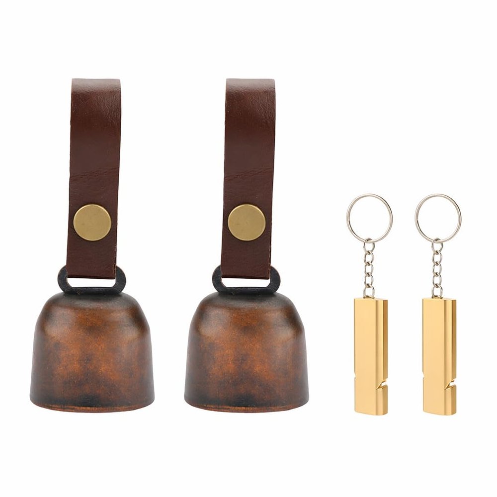 kcrygogo Loud Bear Bells with Leather Button Strap and Emergency Whistle for Survival, Hiking, Biking, Fishing, Climbing2sets