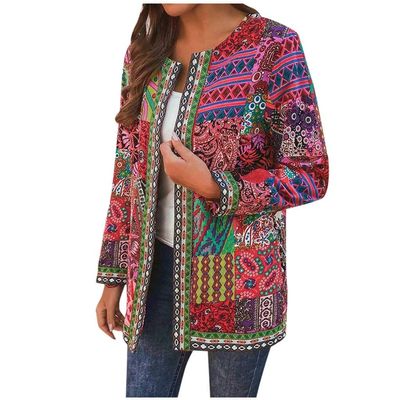 Women Vintage Ethnic Style Floral Print Long Sleeve Plus Size Cotton Jacket Coat Blue Sweater Cardigan (Red, XXXXL)