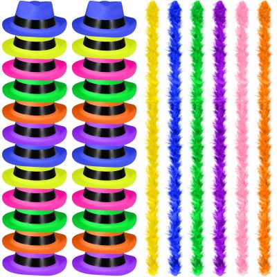 JaGely 48 Pieces Neon Party Supplies 24 Neon Gangster Hats 24 Pcs Feather Boas for Mardi Gras Carnival Glow Wedding Party(Color,Plastic)