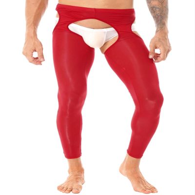 LiiYii Men's Mid Hollow Out Underwear Pants Long Thermal Bottoms Leggings Slim Fitted Sport Tights Red One Size