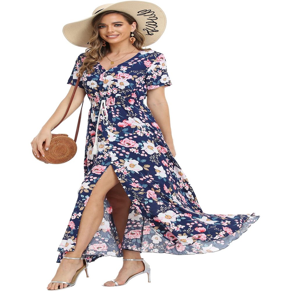 1stvital Women's Floral Maxi Dresses Boho Summer Beach Dress Short Sleeve Button Up Split Party Dress, Navy Flower XL
