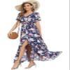 1stvital Women's Floral Maxi Dresses Boho Summer Beach Dress Short Sleeve Button Up Split Party Dress, Navy Flower XL view 1