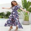1stvital Women's Floral Maxi Dresses Boho Summer Beach Dress Short Sleeve Button Up Split Party Dress, Navy Flower XL view 3