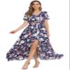 1stvital Women's Floral Maxi Dresses Boho Summer Beach Dress Short Sleeve Button Up Split Party Dress, Navy Flower XL view 4