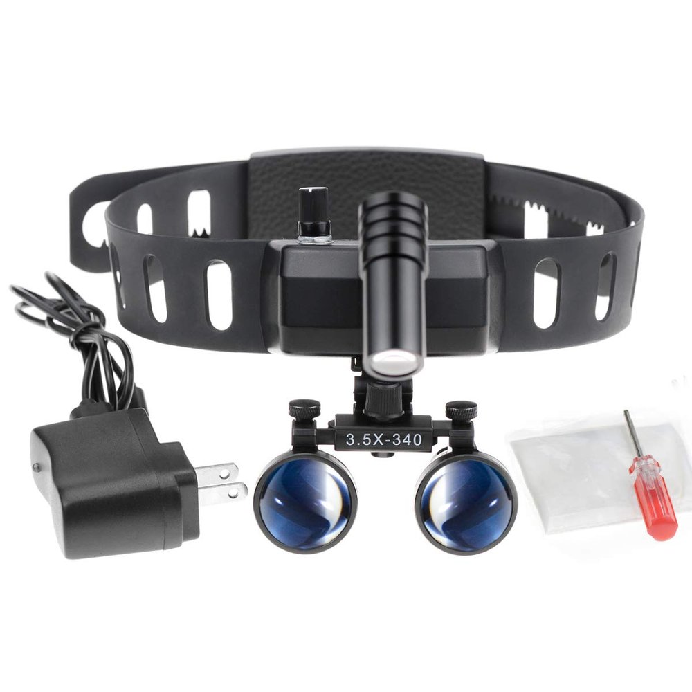 DOC.ROYAL 5W LED Headlight with 3.5X Loupes Surgical Leather Headband Glasses Working Distance 440-540mm