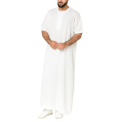 QWENTMTNTY Kaftan for Men Short Sleeve Casual Zip Up Muslim Thobe Dresses Loose Fit Solid Round Neck Beach Summer Robe Dress White