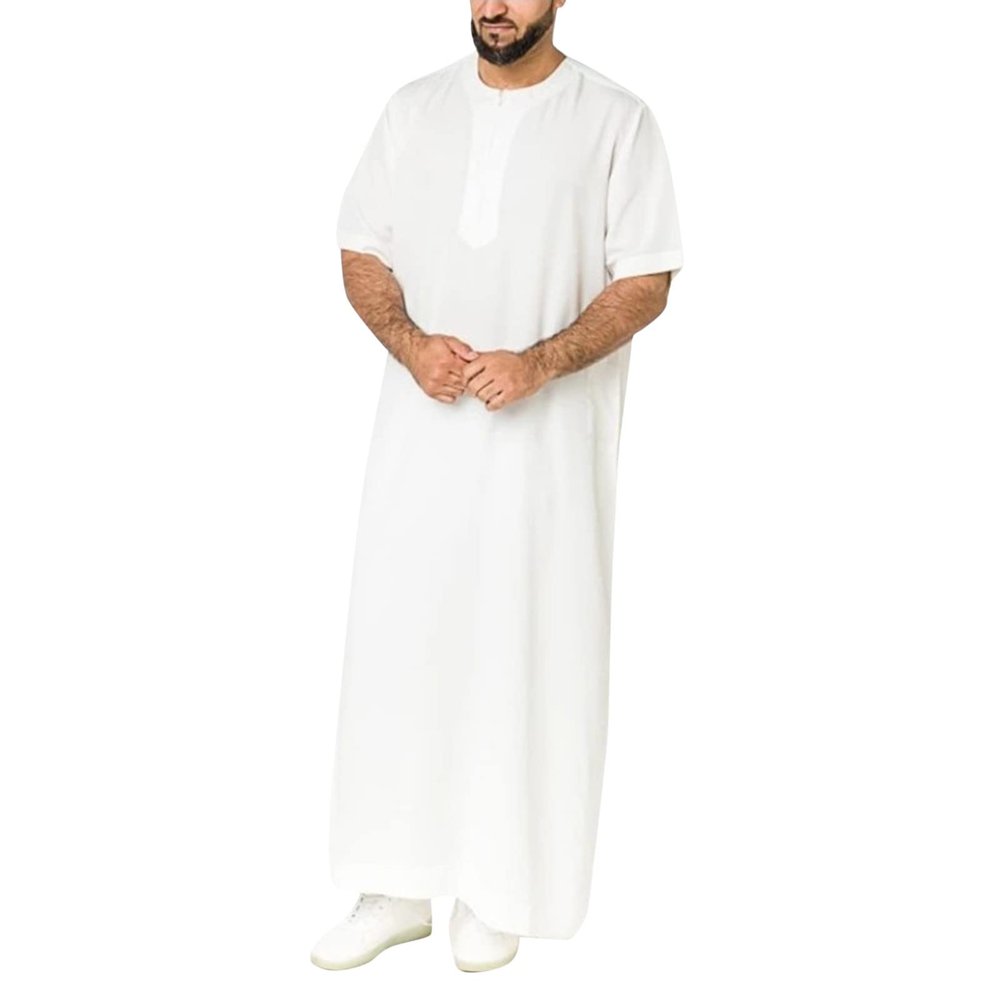 QWENTMTNTY Kaftan for Men Short Sleeve Casual Zip Up Muslim Thobe Dresses Loose Fit Solid Round Neck Beach Summer Robe Dress White